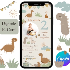 Einladung zum Kindergeburtstag mit Dino Einladung digital, eCard Geburtstagseinladung Kinder Dinosaurier WhatsApp Einladung Vorlage Canva