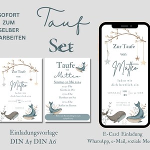 Puede incluir: Un conjunto de invitaciones de bautismo imprimibles con un dise&ntilde;o de ballena azul y estrellas. El conjunto incluye una tarjeta de invitaci&oacute;n tradicional y una tarjeta de invitaci&oacute;n digital para compartir en l&iacute;nea. El texto en las tarjetas dice "Zur Taufe von Matteo", que se traduce como "Para el bautismo de Matteo".