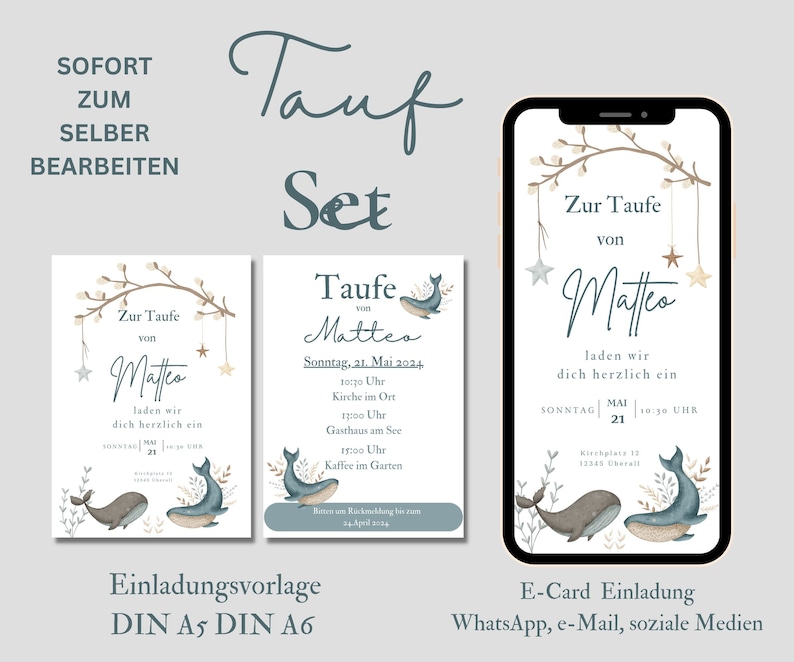 Puede incluir: Un conjunto de invitaciones de bautismo imprimibles con un dise&ntilde;o de ballena azul y estrellas. El conjunto incluye una tarjeta de invitaci&oacute;n tradicional y una tarjeta de invitaci&oacute;n digital para compartir en l&iacute;nea. El texto en las tarjetas dice "Zur Taufe von Matteo", que se traduce como "Para el bautismo de Matteo".