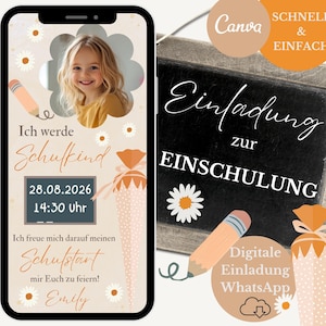Invitation à l'école pour les filles, carte d'invitation pour la rentrée scolaire avec photo, eCard pour le premier jour d'école, modèle WhatsApp cône scolaire Canva, rentrée scolaire