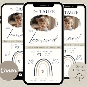 Einladung Taufe digital | eCard Taufe Einladungskarte Junge | Vorlage personalisiert in Canva | Regenbogen Taufeinladung WhatsApp Taufkarte