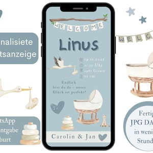Anúncio de nascimento digital, anúncio que o bebê está aqui, anúncio menina menino, anúncio de nascimento eCard, cartão personalizado milagre de boas-vindas