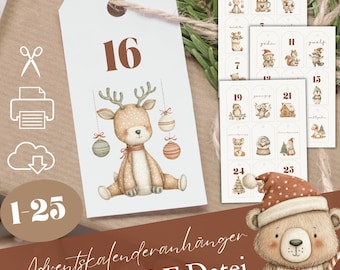 Calendario dell'Avvento fai da te con numeri da 1 a 24 in PDF, 25 modelli da stampare, numeri di Natale da scaricare per bambini e famiglie