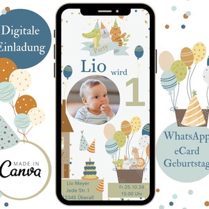 Invito digitale per il compleanno dei bambini con foto di animali, biglietto d'invito per bambini, e-card invito WhatsApp ragazzo, modello personalizzato Canva