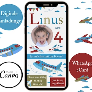Carte d'invitation numérique avec avions, invitation d'anniversaire pour enfants WhatsApp, avion d'invitation d'anniversaire, garçons de carte électronique personnalisables