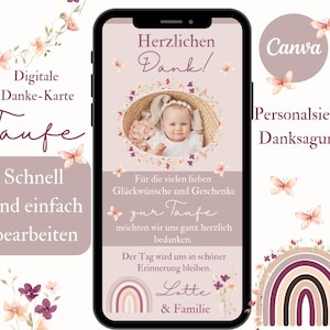 Danksagung Taufe Wildblumen, Dankeskarte mit Foto, Danke für Glückwünsche zur Taufe Mädchen, Danke per WhatsApp, eCard Taufkarte rosa