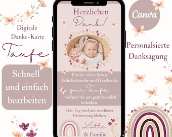 Baptism thank you card with wildflowers, thank you card with photo, thank you for the baptism wishes for my girl, thank you via WhatsApp, eCard baptism card pink