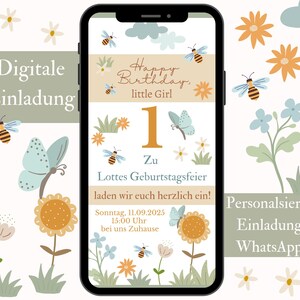 Invitación para 1er cumpleaños, tarjeta de invitación digital WhatsApp, invitación en tarjeta electrónica para cumpleañeras infantiles, plantilla Canva flores abejas