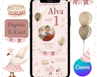 Digitale Einladung Kindergeburtstag, personalisierbare E-Card WhatsApp, Einladung Foto Mädchen, Geburtstagseinladung Handy, Vorlage Canva