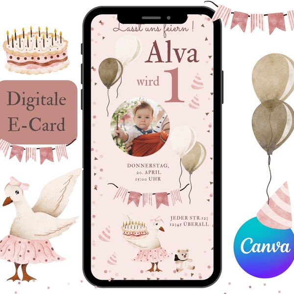 Digitale uitnodiging voor kinderverjaardag, aanpasbare e-card WhatsApp, uitnodigingsfoto meisje, verjaardagsuitnodiging mobiele telefoon, sjabloon Canva