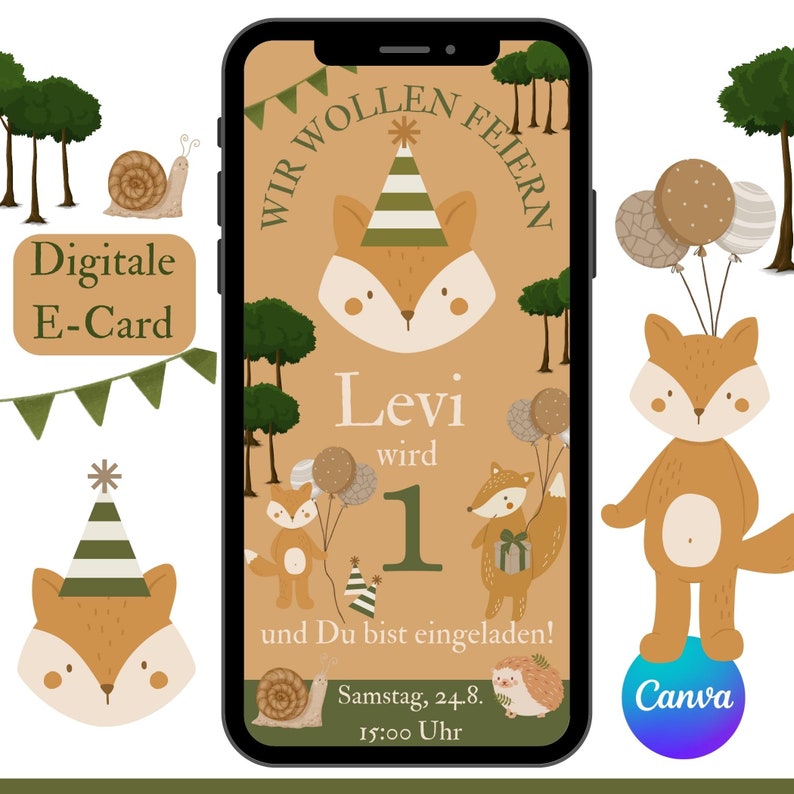 Puede incluir: Tarjeta electr&oacute;nica digital con tem&aacute;tica de zorro. El dise&ntilde;o presenta un zorro de dibujos animados con un gorro de fiesta, globos y el texto "Levi wird 1 und Du bist eingeladen!" en un esquema de color marr&oacute;n y verde. Incluye la fecha y la hora.