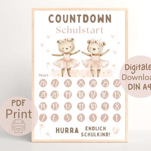 Cuenta regresiva para la inscripción escolar de una niña con osos de ballet | Póster de números en formato PDF de regreso a clases | Cartel de regreso a clases para imprimir | Voy a la escuela
