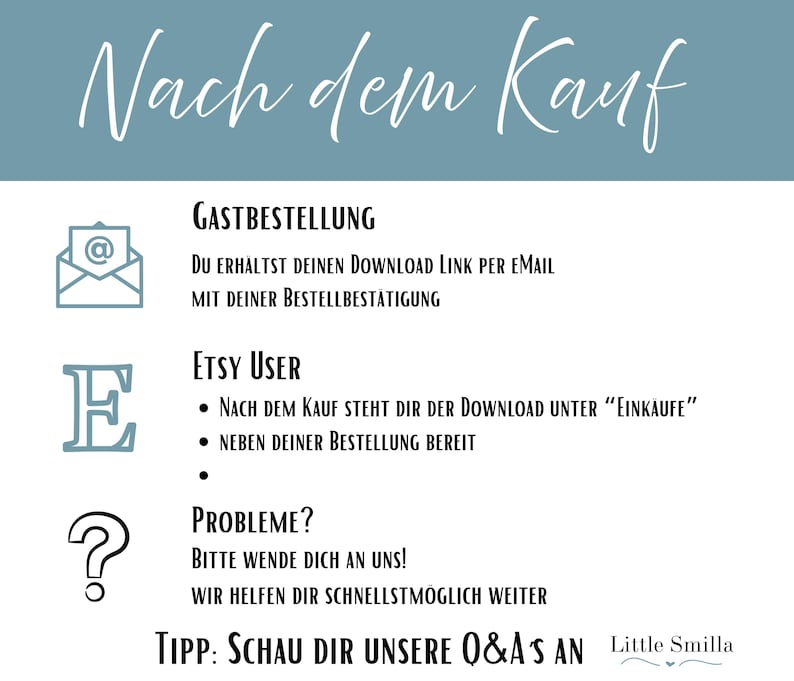 May include: A teal and white graphic with the text "Nach dem Kauf" at the top. Below are instructions for guest orders and Etsy users, along with a question mark icon and the text "Probleme?" and "TIPP: SCHAU DIR UNSERE Q&A'S AN".