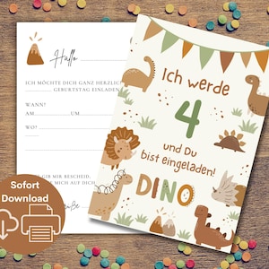 Kinderverjaardagsuitnodiging Dino, uitnodigingskaart jongen dinosaurus 4e verjaardag, download verjaardagsuitnodiging om af te drukken, feest 4 jaar