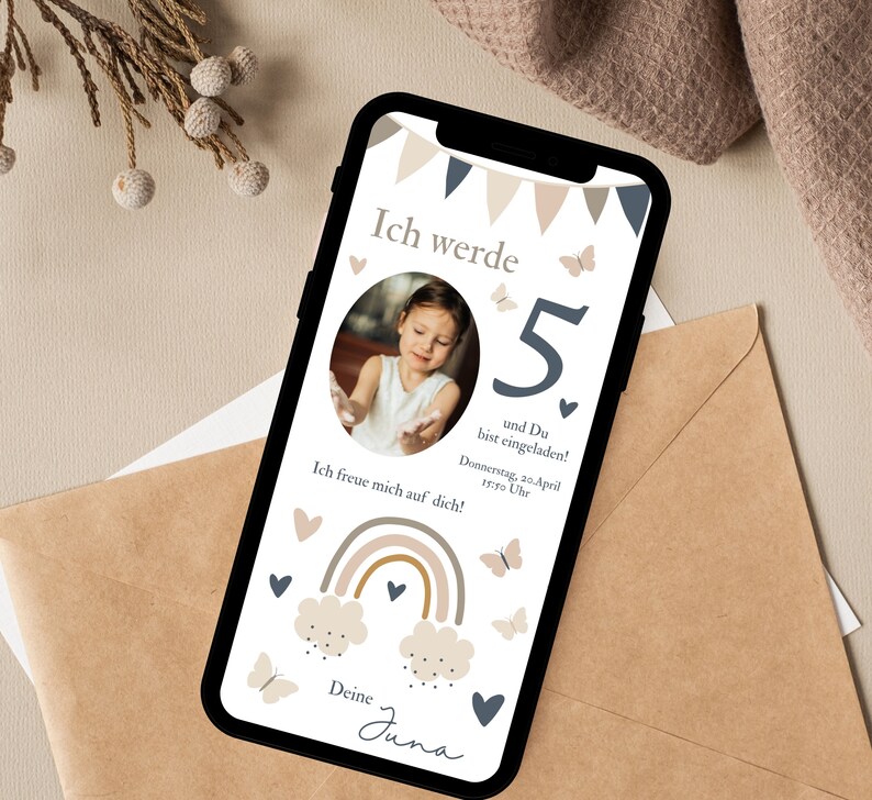 Einladungskarte Mit Name & Regenbogen - Fertige Karten Für Taufe & Geburtstag