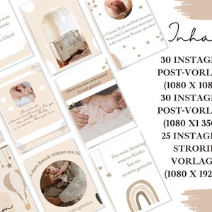 Puede incluir: Un conjunto de plantillas de publicaciones de Instagram con tem&aacute;tica de beb&eacute;. Las plantillas incluyen im&aacute;genes de una cuna, pies de beb&eacute; y una madre con su beb&eacute;. El texto incluye frases como "Baby" y "Gl&uuml;ck kann man nicht kaufen".