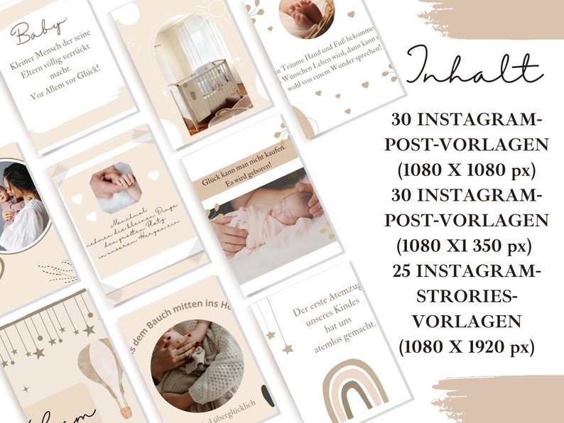 Puede incluir: Un conjunto de plantillas de publicaciones de Instagram con tem&aacute;tica de beb&eacute;. Las plantillas incluyen im&aacute;genes de una cuna, pies de beb&eacute; y una madre con su beb&eacute;. El texto incluye frases como "Baby" y "Gl&uuml;ck kann man nicht kaufen".
