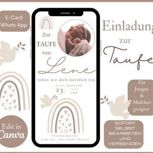 Convite digital para batismo, e-card arco-íris boho, convite personalizado de batismo, modelo Cana, cartão convite WhatsApp pomba
