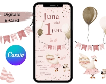 Digital children's birthday invitation, customizable e-card for WhatsApp, invitation for girls, birthday invitation via mobile phone, template for Canva