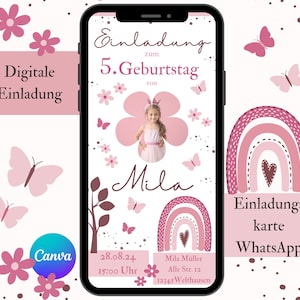 Convite arco-íris digital, cartão de convite rosa foto de aniversário infantil, convite personalizado de aniversário de menina modelo Canva e-card