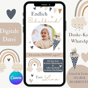 Personalisierte Danke Karte Einschulung, e-Card Danksagung Schulanfang, digitale Karte Schulkind, Danke per WhatsApp, Canva Vorlage Danke