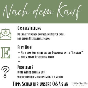 K&ouml;nnte beinhalten: Eine wei&szlig;-gr&uuml;ne Grafik mit dem Text "Nach dem Kauf" oben. Darunter befinden sich Anweisungen f&uuml;r Gastbestellungen und Etsy-Benutzer, zusammen mit einem Fragezeichen-Symbol und dem Text "Probleme?" und "TIPP: SCHAU DIR UNSERE Q&A'S AN".