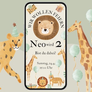 Die Einladungskarte zur Safari Party für Kinder verbindet sanfte Farben mit niedlichen Tieren und passt perfekt für einen tierischen Geburtstag.