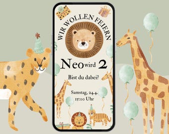 Safari-themed children's birthday party invitations with animals, customizable | Lion, Giraffe, Tiger invitation card for boys