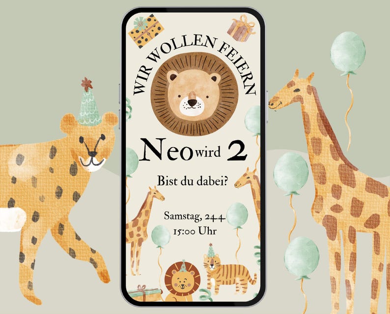 Die Einladungskarte zur Safari Party für Kinder verbindet sanfte Farben mit niedlichen Tieren und passt perfekt für einen tierischen Geburtstag.