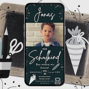 Digitale uitnodiging voor de eerste schooldag met foto, Canva-sjabloon, gepersonaliseerde uitnodigingskaart, schoolkegel, eerste schooldag, WhatsApp eCard, terug naar school