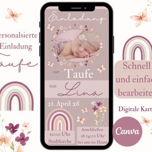 Einladung Taufe Wildblumen, e-Card Einladungskarte Foto, personalisierte Vorlage Tauffest Mädchen, Taufeinladung WhatsApp Regenbogen rosa
