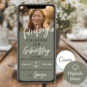 Convite de aniversário de 50 anos para mulheres | Cartão eletrônico personalizado para festa de aniversário | Cartão de convite digital 40º, 30º, modelo de convite de aniversário com foto