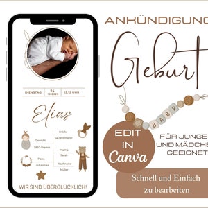 Ankündigung Geburt Junge Mädchen, Digitale Geburtsanzeige, Vorlage Geburtskarte Canva, E-Card Geburt verkünden WhatsApp, Geburtsdatenvorlage