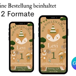 Puede incluir: Dos pantallas de smartphone que muestran un dise&ntilde;o de invitaci&oacute;n de cumplea&ntilde;os. La invitaci&oacute;n presenta un zorro de dibujos animados con un gorro de fiesta, el nombre "Levi" y el n&uacute;mero "1". El texto "Wir wollen feiern" est&aacute; en la parte superior. El logotipo de Canva es visible.