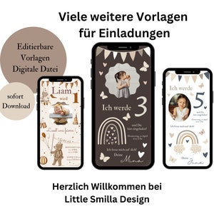 Puede incluir: Tres plantillas digitales de invitaci&oacute;n de cumplea&ntilde;os con un arco&iacute;ris, mariposas y un lindo oso. Las invitaciones son para un 1er, 3er y 5to cumplea&ntilde;os. El texto en las invitaciones dice "Liam 1", "Ich werde 3" y "Ich werde 5".