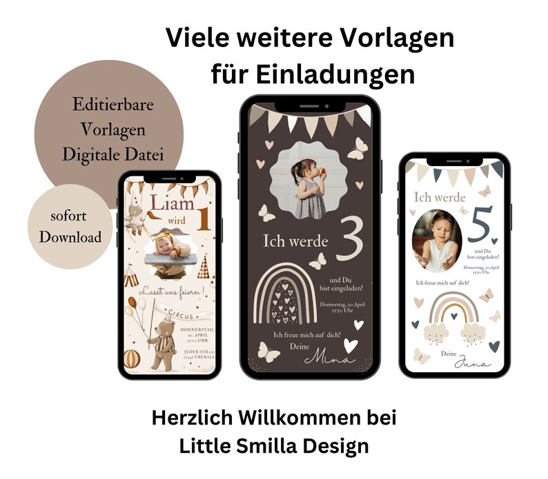Puede incluir: Tres plantillas digitales de invitaci&oacute;n de cumplea&ntilde;os con un arco&iacute;ris, mariposas y un lindo oso. Las invitaciones son para un 1er, 3er y 5to cumplea&ntilde;os. El texto en las invitaciones dice "Liam 1", "Ich werde 3" y "Ich werde 5".