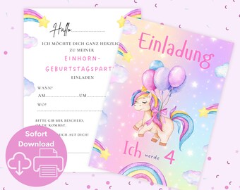 Invitation licorne 4 ans, carte d'invitation à imprimer anniversaire enfant fille 4 ans, télécharger invitation anniversaire licorne rose