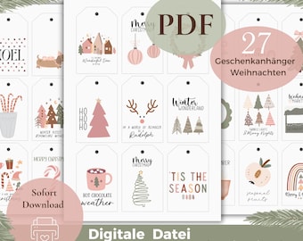 Geschenkanhänger Weihnachten PDF, DIY Vorlage zum Ausdrucken, Klassische Weihnachtsmotive für Geschenkverpackungen