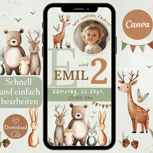 Einladung Kindergeburtstag Waldtiere, Digitale Einladungskarte zum 2. Geburtstag, eCard Vorlage Canva, WhatsApp Geburtstagseinladung Junge