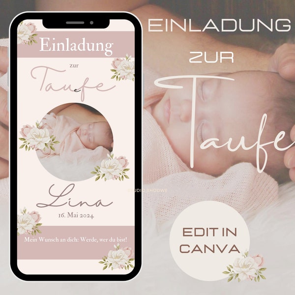 Digital invitation for baptism, e-card WhatsApp, personalized invitation card baptism girl, template for Canva