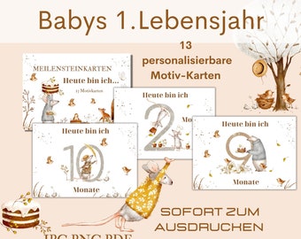 Milestones baby download, milestone cards first year of life German, motif cards for babies, print out development cards