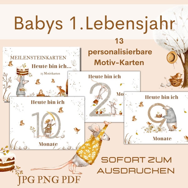 Meilensteine Baby Download, Meilensteinkarten erstes Lebensjahr deutsch, Motivkarten für Babys, Entwicklungskarten ausdrucken