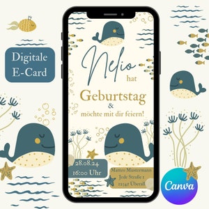 Convite digital para aniversário infantil, mundo subaquático do mar e-card, cartão de convite de aniversário animais marinhos, modelo com baleia Canva,