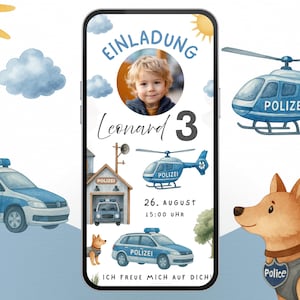 Inbjudan till 3-årsdag med polistema och foto för pojkar | e-kort i blått ljus