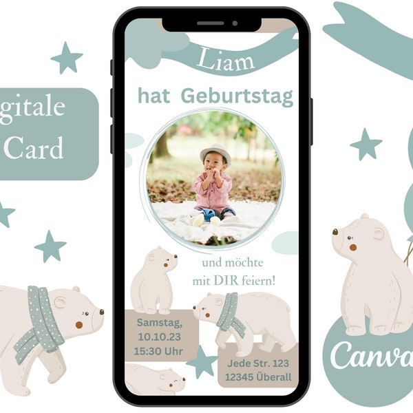 Digital invitation card children's birthday invitation personalized polar bear e-card for birthday WhatsApp invitation with photo template Canva