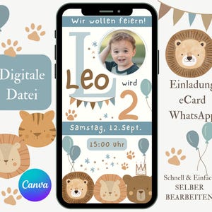 Invitation anniversaire enfant, carte d'invitation numérique avec lion pour anniversaire, modèle de carte électronique WhatsApp, invitation anniversaire garçon Canva