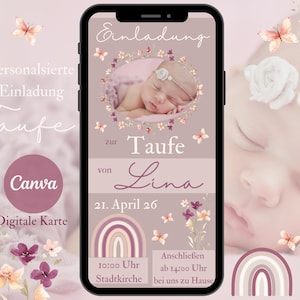 Uitnodigingskaart doop wilde bloemen, e-card uitnodiging foto, gepersonaliseerde sjabloon doopfeest meisje, doop uitnodiging WhatsApp regenboog roze