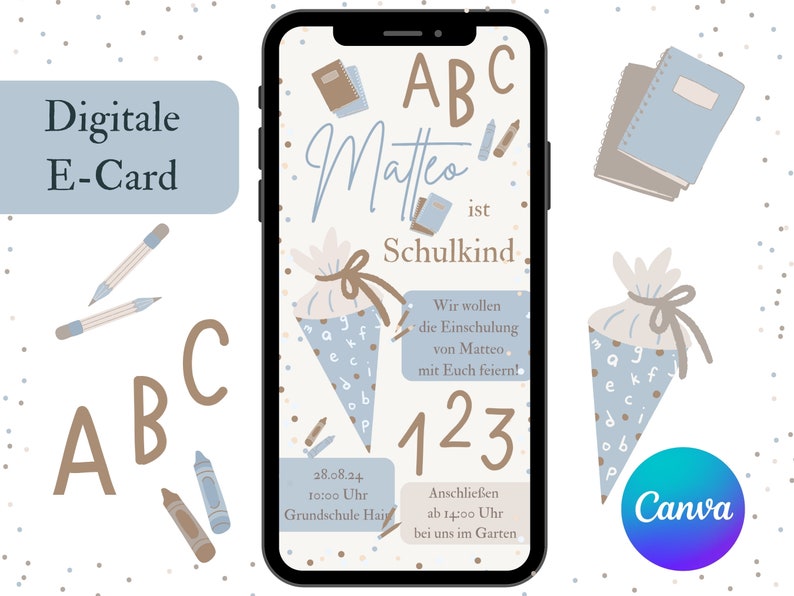 Personalized invitation to school, e-card for the start of school, digital invitation card for school children, invitation via WhatsApp, Canva template image 3