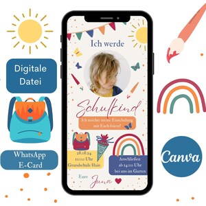 Einladungskarte zur Einschulung digital, e-Card Einladung Schultüte, Einladungskarte  Schulanfang mit Foto, personalsierbare Vorlage Canva