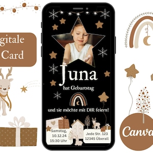 Digitale uitnodigingskaart met foto, gepersonaliseerde e-carduitnodiging voor kinderverjaardag, e-card voor winterverjaardagsfeestjeuitnodiging WhatsApp